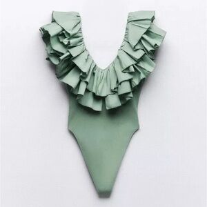 New Zara ruffled sleeve bodysuit Top Green Womens small Blogger Fav 1660/805